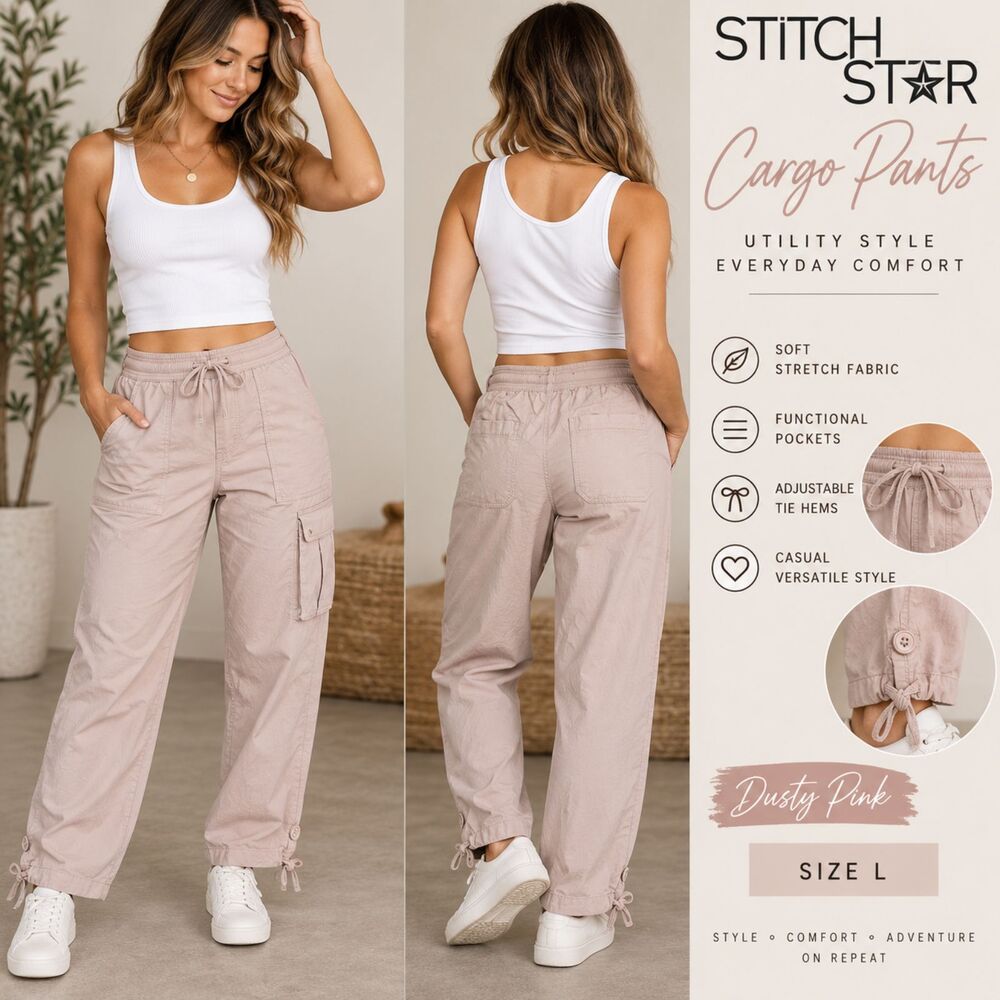 Stitch Star Cargo Pants Womens L Dusty Pink Utility Drawstring Straight Leg